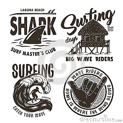 Surfing print bungalow shark hand surfer wave Vector Illustration