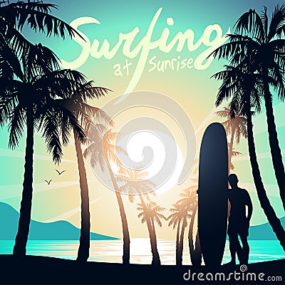 Surfing at Sunrise with a longboard surfer Vector Illustration