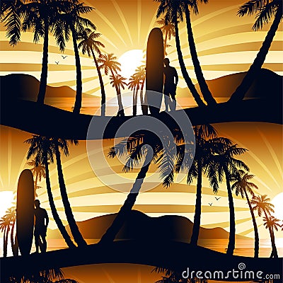 Surfing at Sunrise with a longboarder seamless pattern Vector Illustration