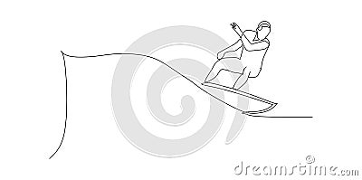 Surfing surfer riding ocean wave - continuous one line drawing Vector Illustration
