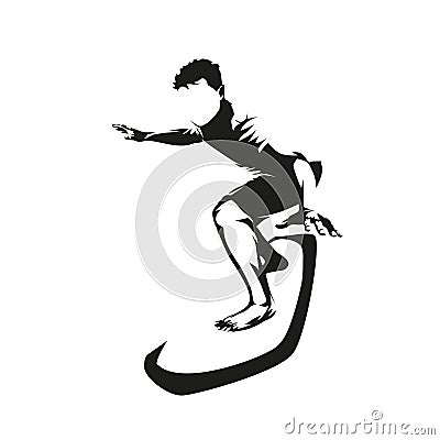 Surfing, surfer with surfboard riding. Isolated vector silhouette. Ink drawing, front view Vector Illustration