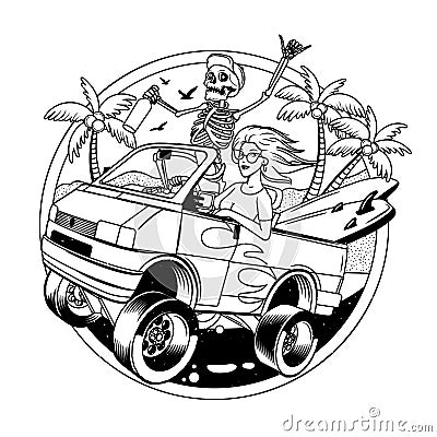 Surfing T-shirt Vector Designs. Surf Van with Crazy Skeleton and Blondie Girl. Vector Illustration. Vector Illustration