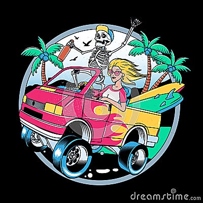 Surfing T-shirt Vector Designs. Surf Van with Crazy Skeleton and Blondie Girl. Vintage Surfing Emblem for web design or Vector Illustration