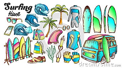 Surfing Time Collection Elements Color Set Vector Vector Illustration