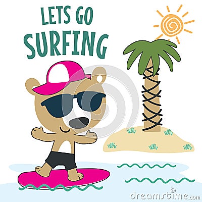 Surfing time with cute little bear at summer. Can be used for t-shirt printing, children wear fashion designs, baby shower Vector Illustration