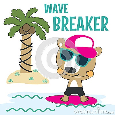 Surfing time with cute little bear at summer. Can be used for t-shirt printing, children wear fashion designs, baby shower Vector Illustration