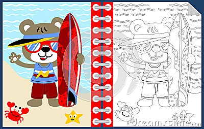 Surfing time with funny animals cartoon, coloring book or page Vector Illustration