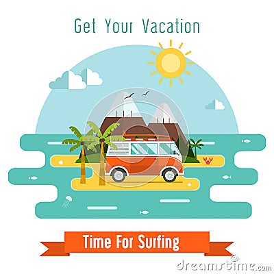 Surfing Time Vector Postcard Background Vector Illustration