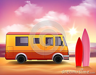 Surfing Van 3D Colorful background Poster Vector Illustration