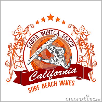 Surfing - vector label and surfers Vector Illustration