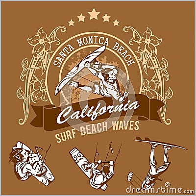 Surfing - vector label and surfers Vector Illustration