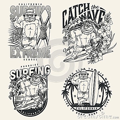 Surfing vintage badges set Vector Illustration