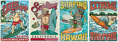 Surfing vintage colorful posters Vector Illustration