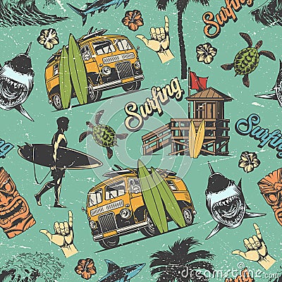 Surfing vintage colorful seamless pattern Vector Illustration