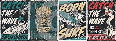 Surfing vintage posters collection Vector Illustration