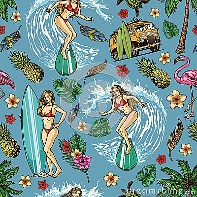 Surfing vintage seamless pattern Vector Illustration