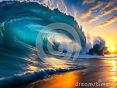 Surfing wave with crystal ocean water at sunrise Stock Photo