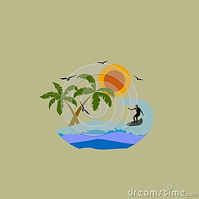 Surfing. Waves. Palm trees. Vector illustration. EPS 10 Cartoon Illustration