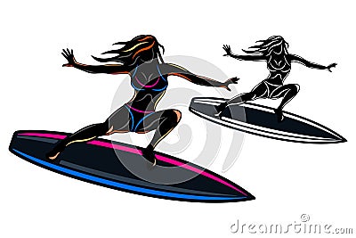 surfing woman swim on surfboard silhouette isolated white background Vector Illustration