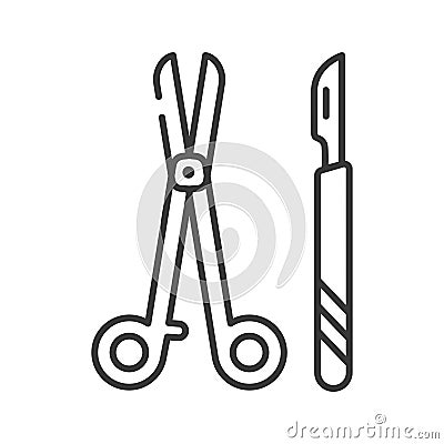 Surgeon cutting tools: line black icon. All-metal scalpel and scissors. Plastic and cosmetic surgery, operation. Pictogram for web Vector Illustration