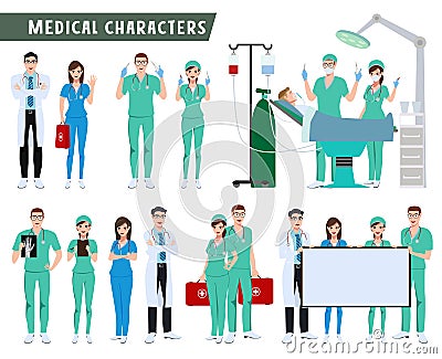 Surgeon, doctor and nurse characters vector set. Medical and health care team doing surgery Vector Illustration