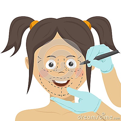 Surgeon drawing marks on female face. Plastic surgery concept Vector Illustration