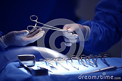Surgeon hand picking up an instrument from tray Stock Photo
