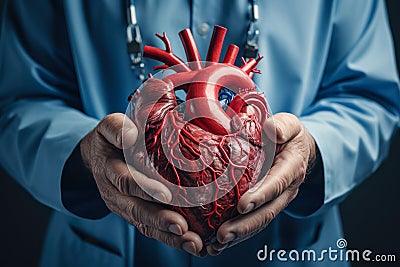 Realistic Human Heart Model Held by Surgeon.generative ai Stock Photo