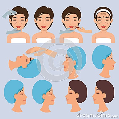 Surgeon hands and woman plastic surgery icons Vector Illustration