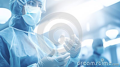 A surgeon medical doctor prepare to perform surgery in hospital operating room, with blurred background, healthcare and hospital Stock Photo