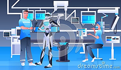 surgeon with robot assistant analyzing x-ray in clinic surgery room medicine healthcare artificial intelligence Vector Illustration