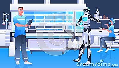 surgeon with robot assistant analyzing x-ray in clinic surgery room medicine healthcare artificial intelligence Vector Illustration