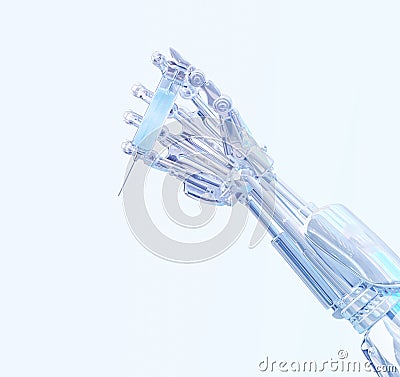 Surgeon robot hand holding medical syringe with vaccine. Future robotic surgery concept. Health robotic technology 3D illustration Cartoon Illustration