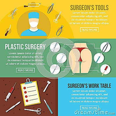 Surgeon tools banner horizontal set, flat style Vector Illustration