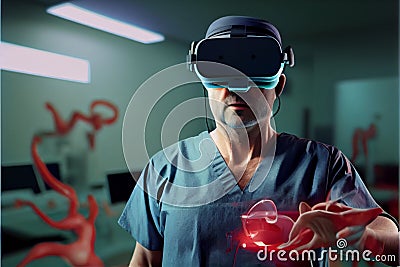 Surgeon Wearing Augmented Reality VR Glasses Perform Brain Surgery with Help of Animated 3D Brain Model, Using Gestures. Cartoon Illustration