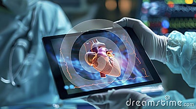 A surgeons hand holding a tablet device using an interactive 3D heart model to explain a procedure to a patients family Stock Photo