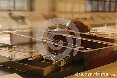 Surgeons museum of Samsun. Antique surgeon equipments in glass display boxes Editorial Stock Photo