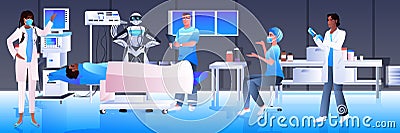 surgeons with robotic assistant making operation to patient lying on bed emergency medical treatment Vector Illustration