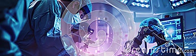 Surgeons using robotic instruments in an operating room Stock Photo