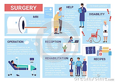 Surgery healthcare infographic vector illustration, cartoon flat health care surgical hospital departments of reception Vector Illustration