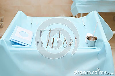 Surgery tools. Operation room inside. Blue color. Stock Photo