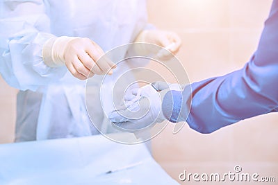 Surgery tools. Operation room inside. Blue color. Stock Photo