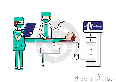 Surgical care. Surgeon making operation to the patient lying on the bed and nurse helps him. Health care. Isolated on white backgr Cartoon Illustration