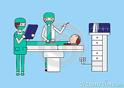 Surgical care. Surgeon making operation to the patient lying on the bed and nurse helps him. Health care. Vector Illustration