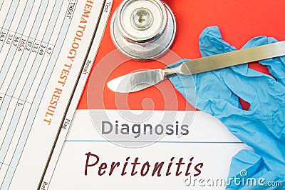 Surgical diagnosis of Peritonitis. Surgical medical instrument scalpel, latex gloves, blood test analysis lie close beside text in Stock Photo