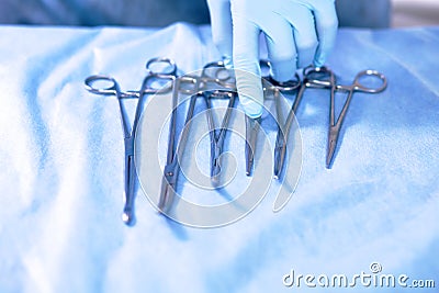Surgical instruments lie on the table before surgery Stock Photo