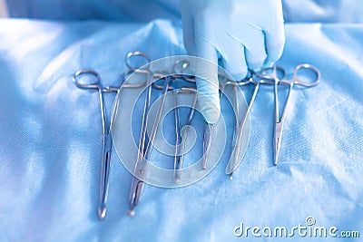 Surgical instruments lie on the table before surgery Stock Photo