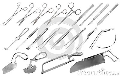 Surgical instruments set. Tweezers, scalpels, Liston s knife, clamp, scissors, Folkman hook, Meyer forceps, needle Vector Illustration