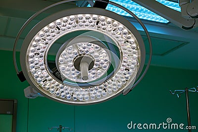 Surgical lamp in operation surgery room. Half brightness. Stock Photo