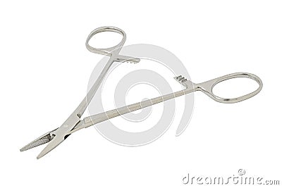 Surgical metal clamp, isolated on white background with clipping path Stock Photo